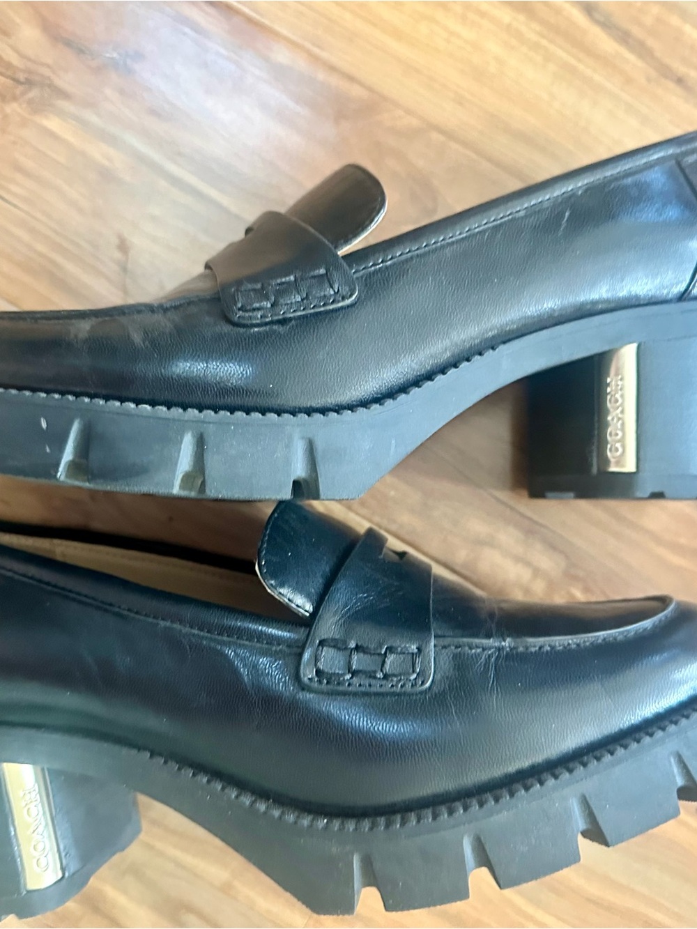 Coach Black Leather Lug Sole Penny Loafers